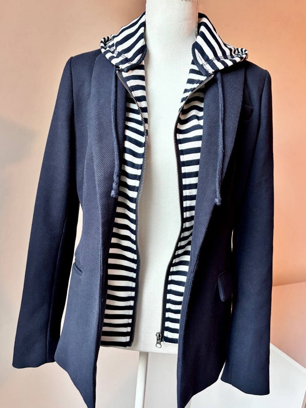 Cynthia Rowley Navy Blazer with Navy-and-White Striped Zip-In Hoodie - S
